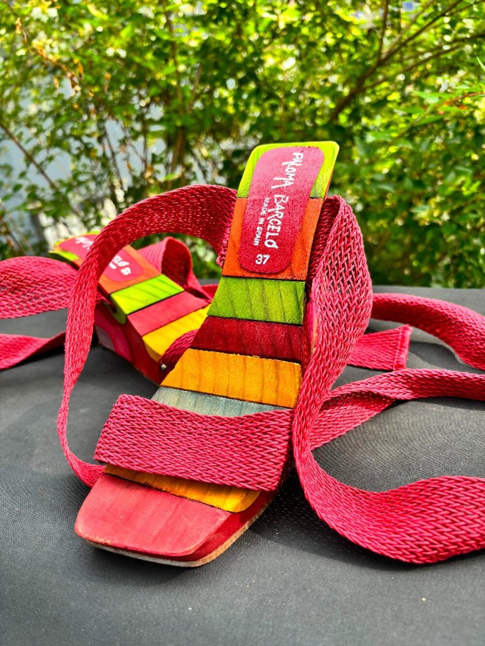 Paloma Barcelo Colorful Wood Wedge Sandals with Ballet Strap Ties Size 7 - Picture 3 of 10